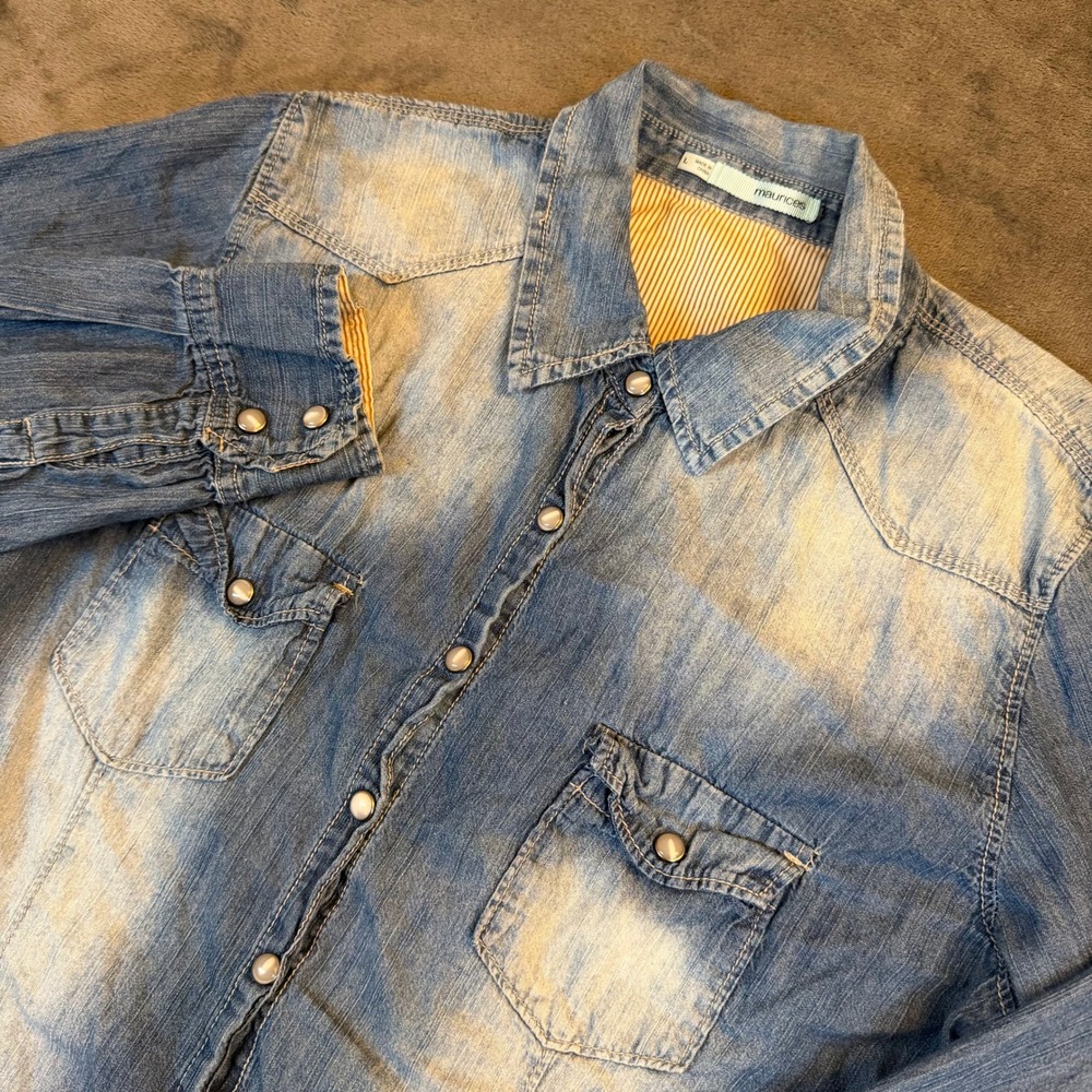 Maurices‎ Blue Denim Western Shirt Pearl Snap Long Sleeve Cotton Womens Large